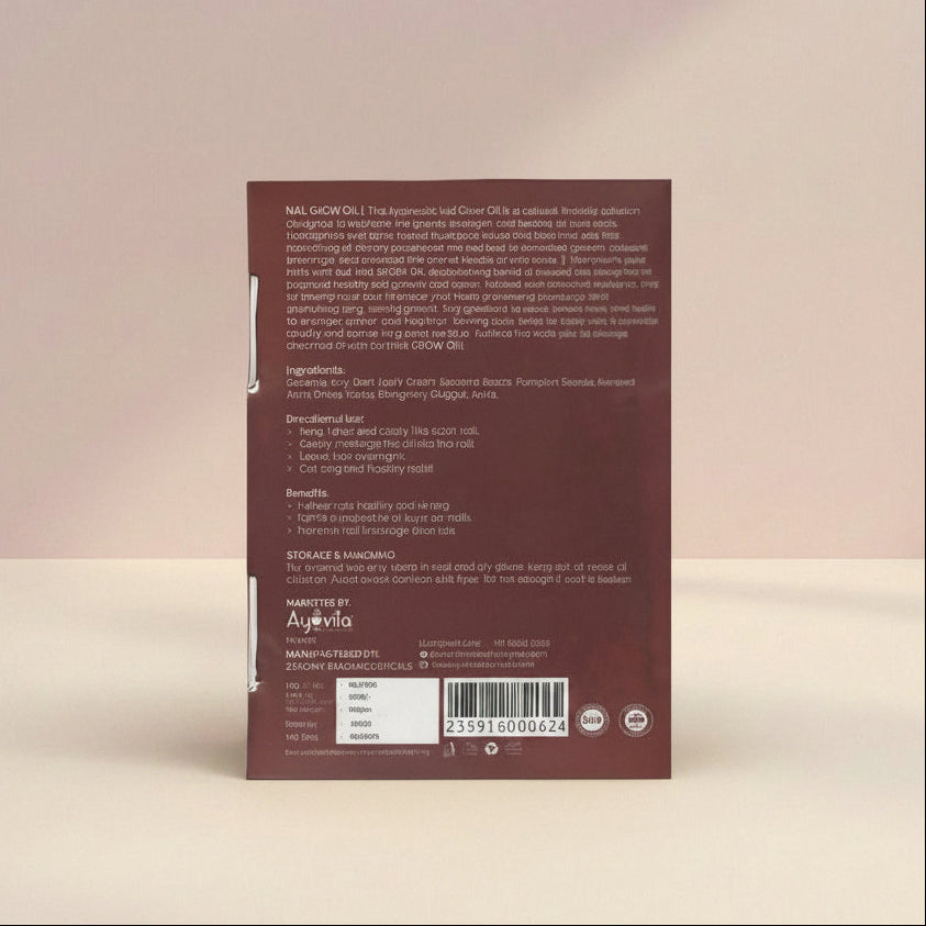 Back of a product packaging with 'Ayuvita' branding on a light green background with leaves.