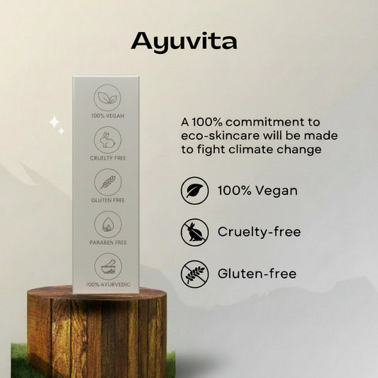 Ayuvita skincare product packaging with eco-friendly attributes on a natural background