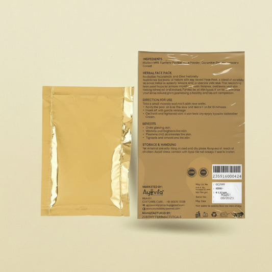 Ayuvita herbal face pack with ingredients and directions on a light green background