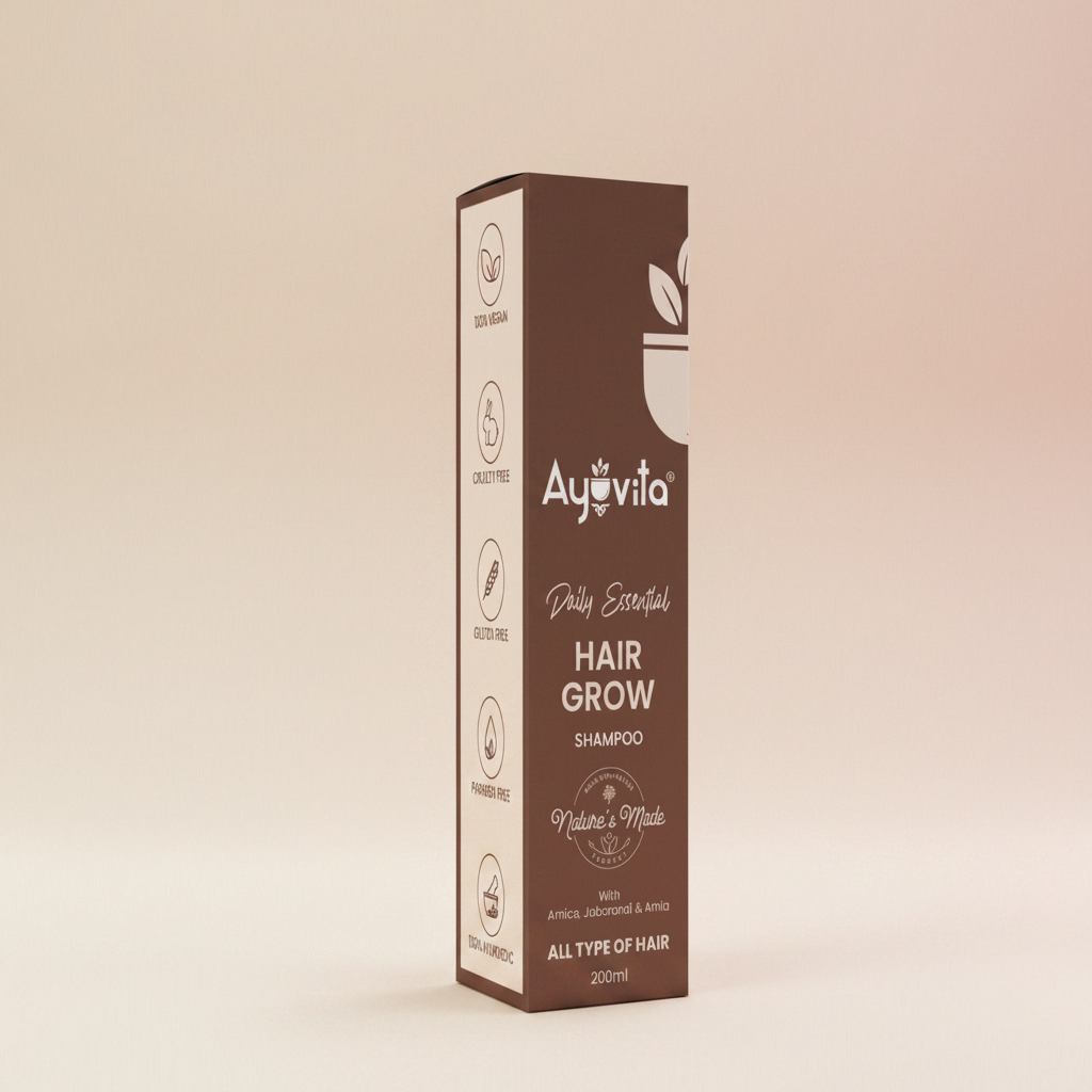 Ayuvita Hair Grow shampoo box on a green background