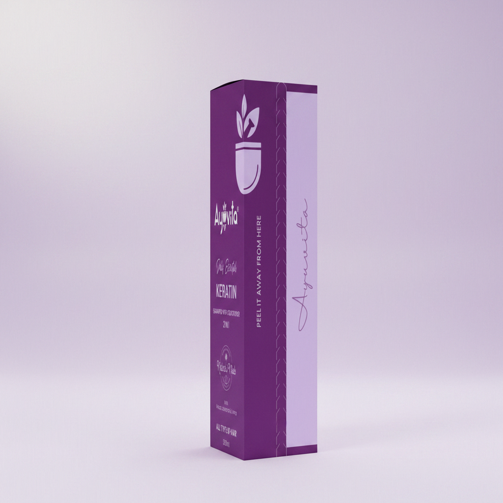 Purple box with brand logo and text on a green background