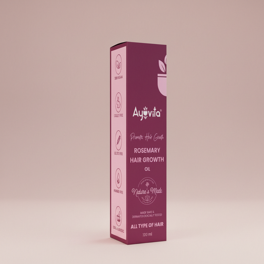 Ayuvita Rosemary Hair Growth Oil packaging on a green background