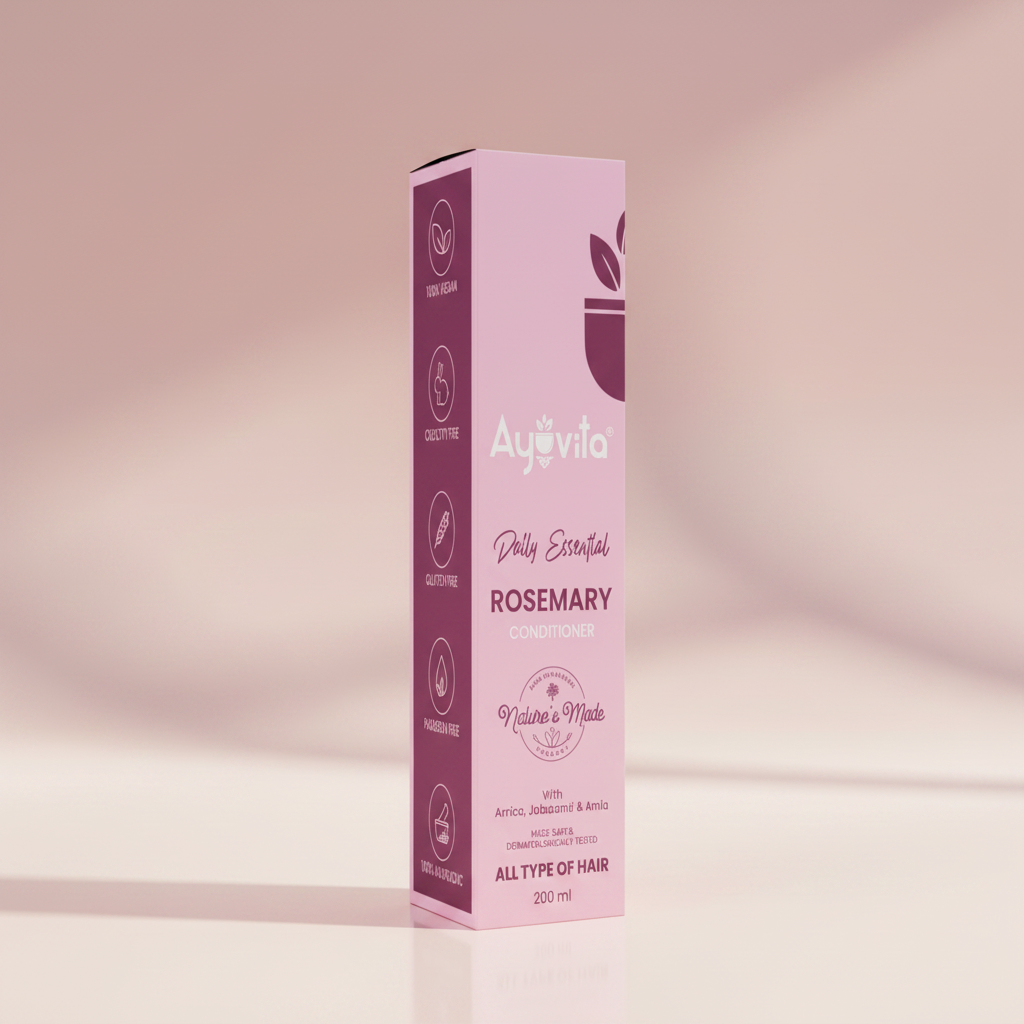Pink box of Ayuvita Rosemary Conditioner on a green background