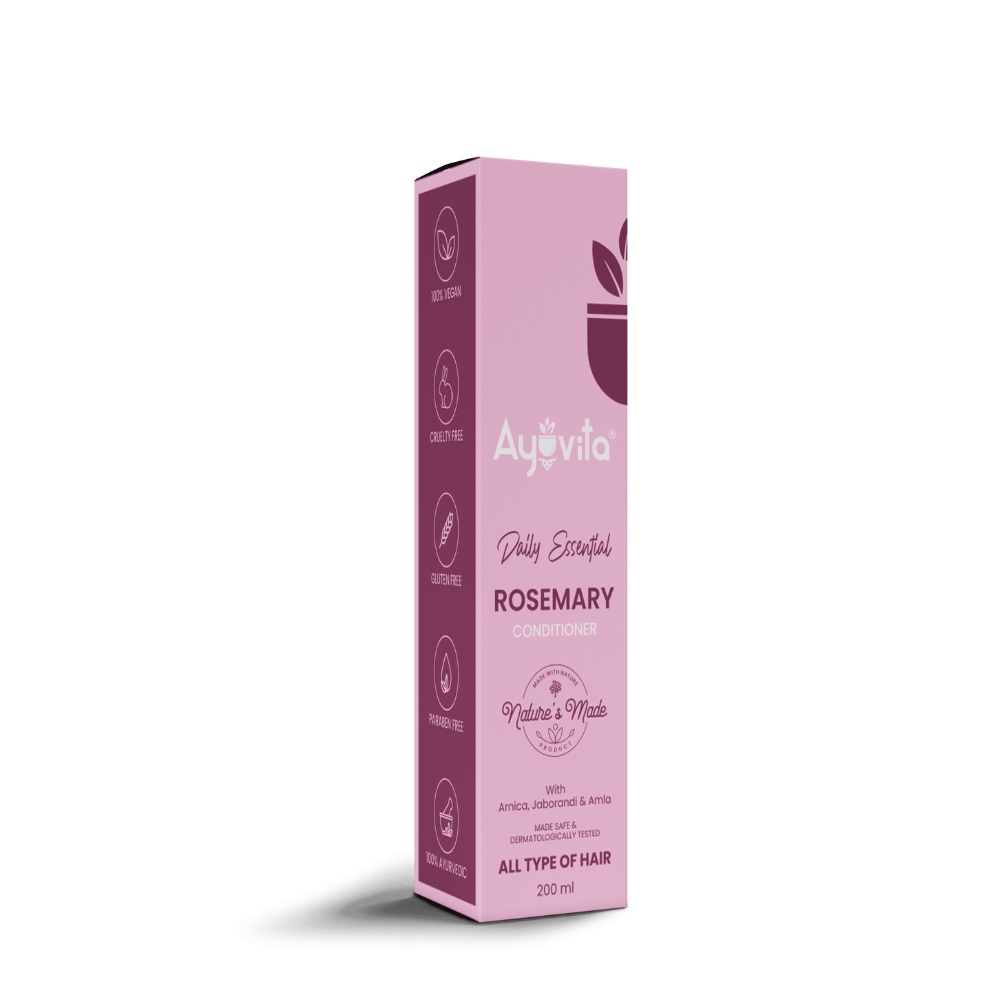 Pink box of Ayuvita Rosemary Conditioner on a green background