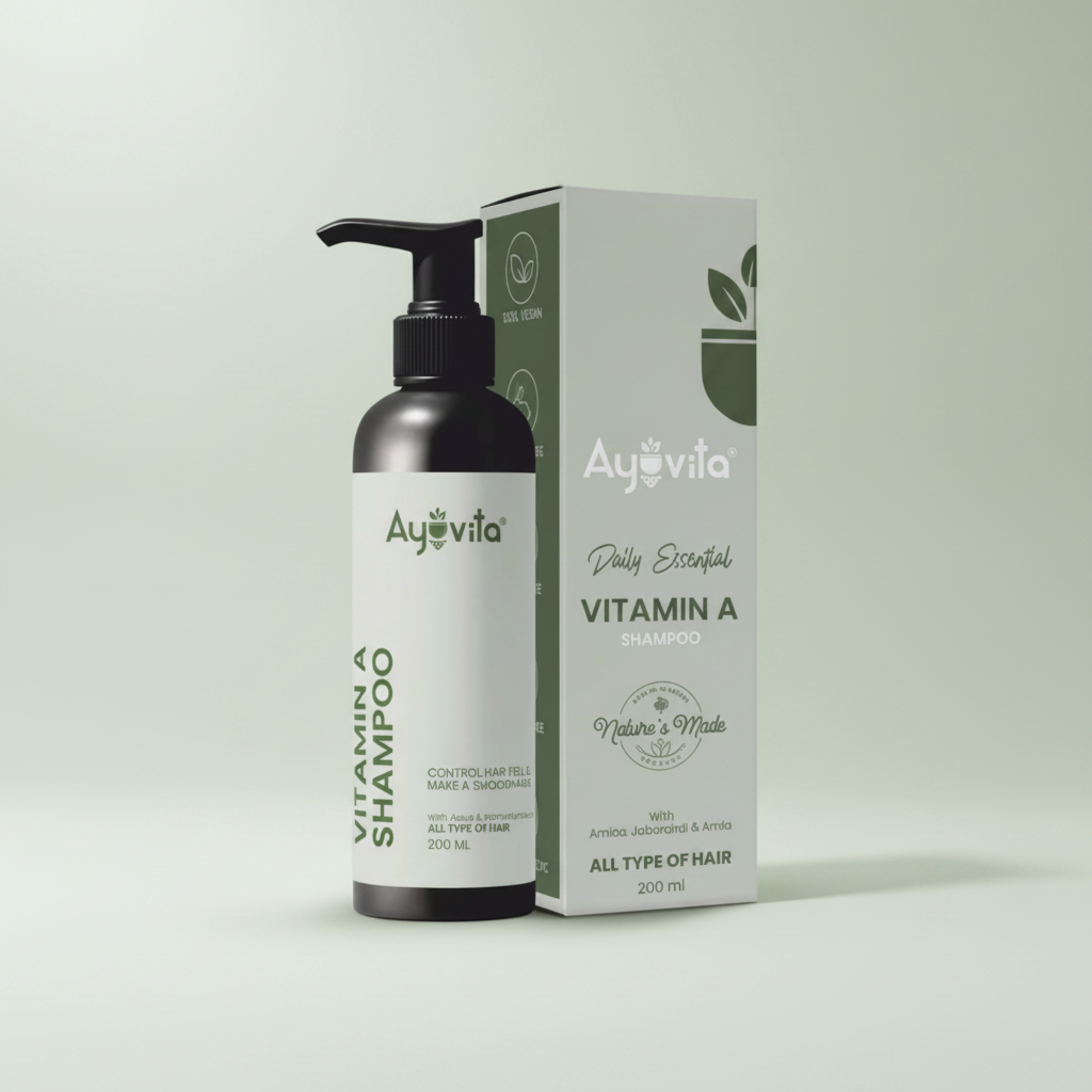 Ayuvita Vitamin A shampoo bottle and packaging on a white background