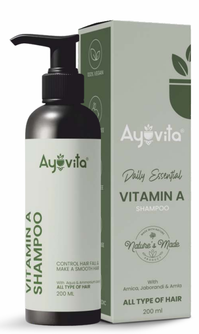 Ayuvita Vitamin A shampoo bottle and packaging on a white background