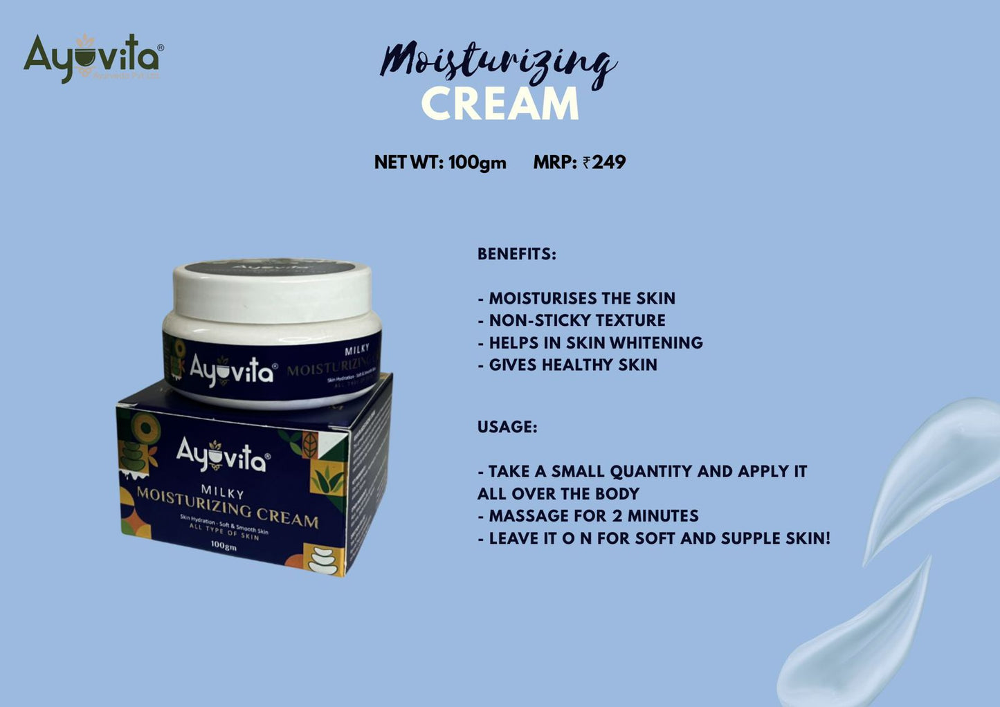 Ayuvita moisturizing cream with packaging on a blue background