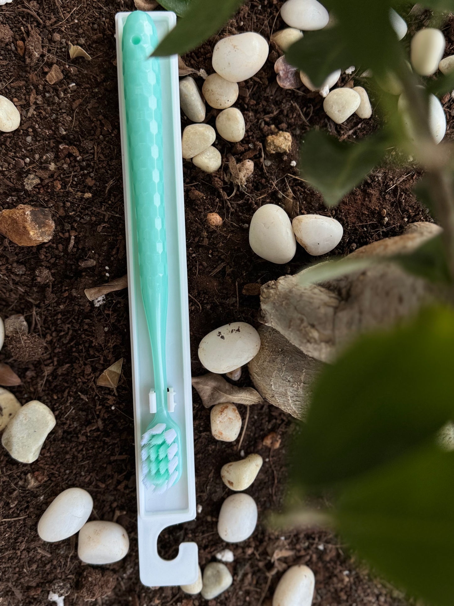 Green toothbrush in a white holder on a bed of stones and soil