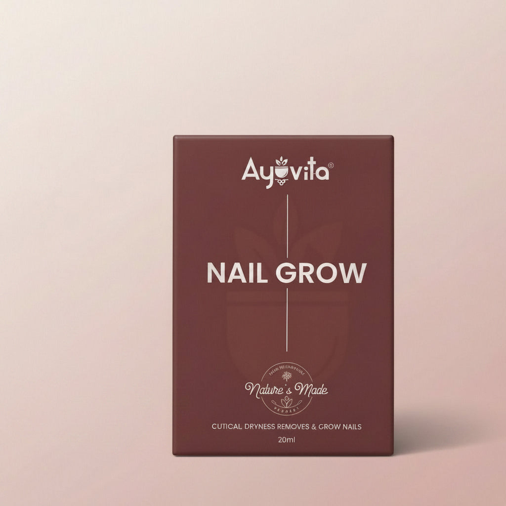 Ayuvita Nail Grow product packaging on a light green background with leaves.
