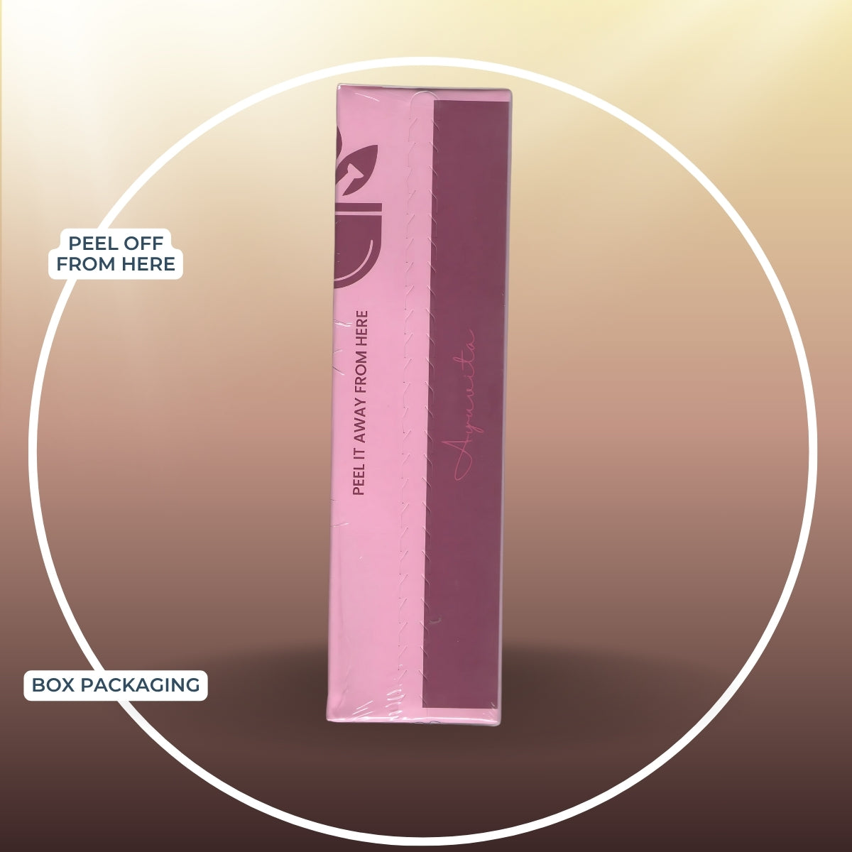 Pink box packaging with text on a gradient background