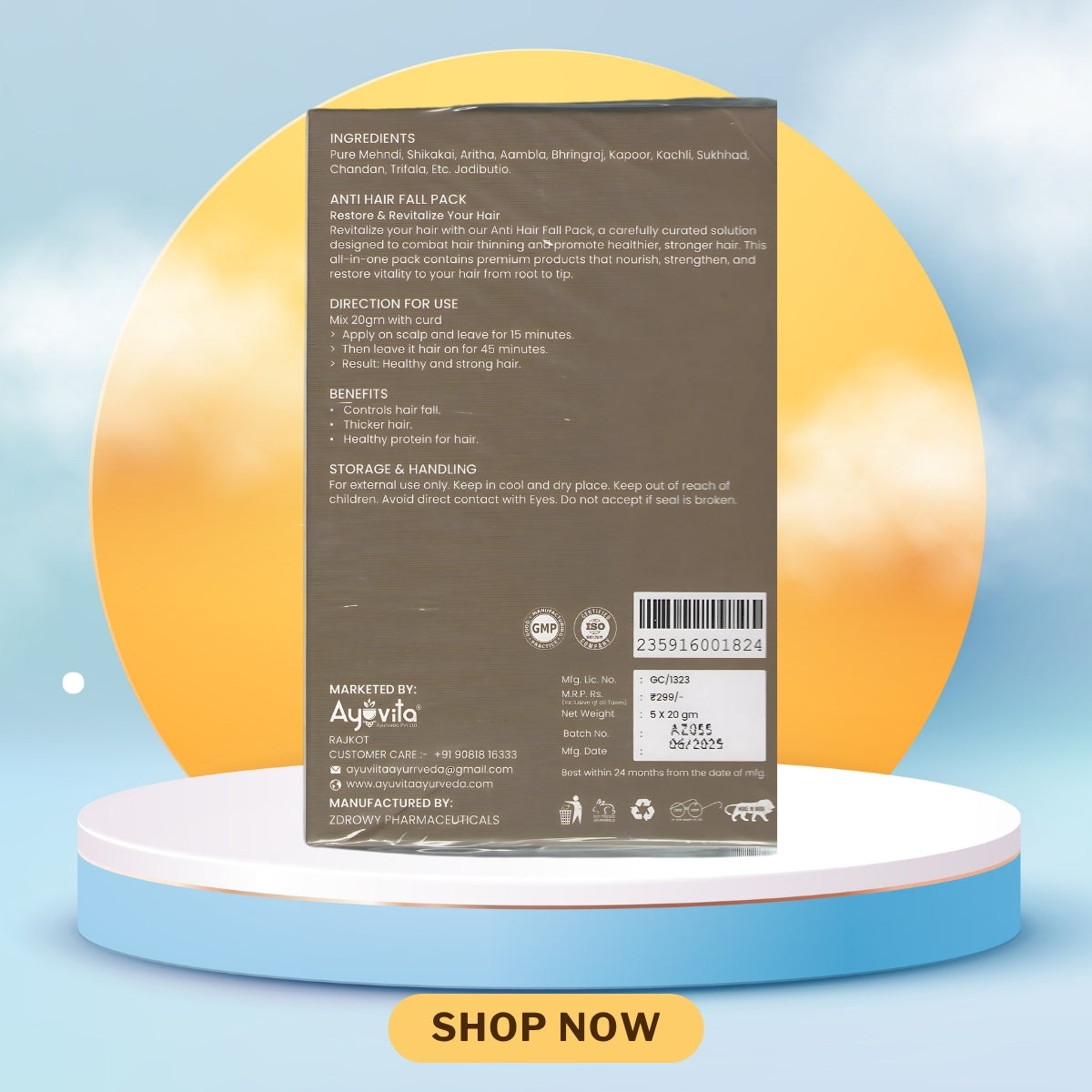 Back of a product packaging with text and branding on a blue and yellow background