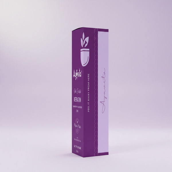 Purple box with brand logo and text on a green background