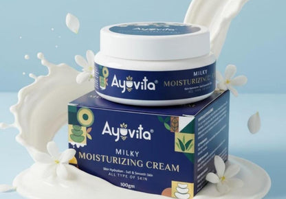Ayuvita Milky Moisturizing Cream jar and box with floral elements on a light blue background