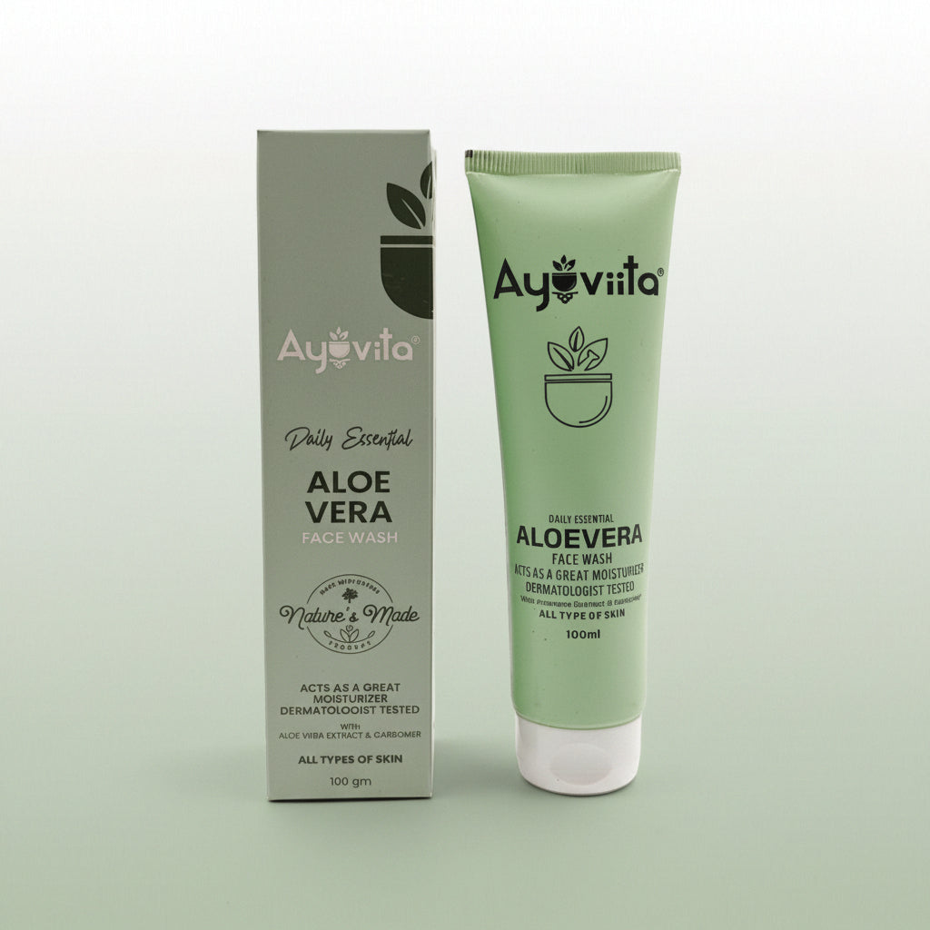 Ayovita Aloe Vera face wash tube and packaging on a white background