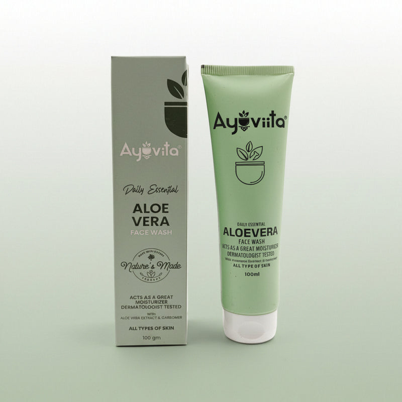 Ayovita Aloe Vera face wash tube and packaging on a white background