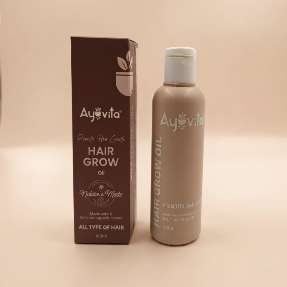 Ayovita Hair Grow Oil bottle and packaging on a white background