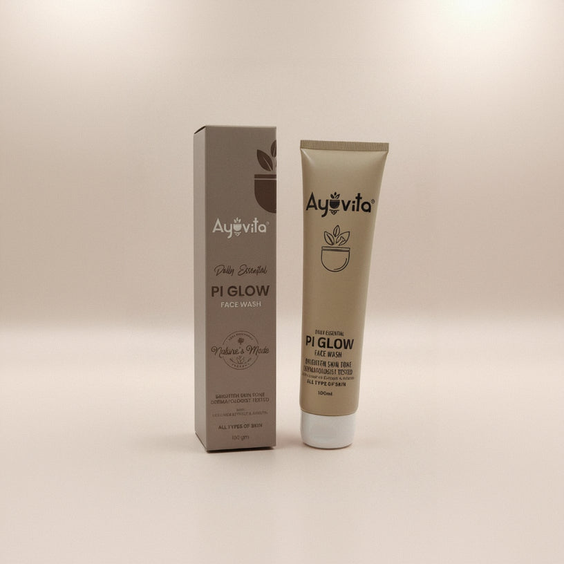 Ayovita PI Glow Face Wash tube and packaging on a white background