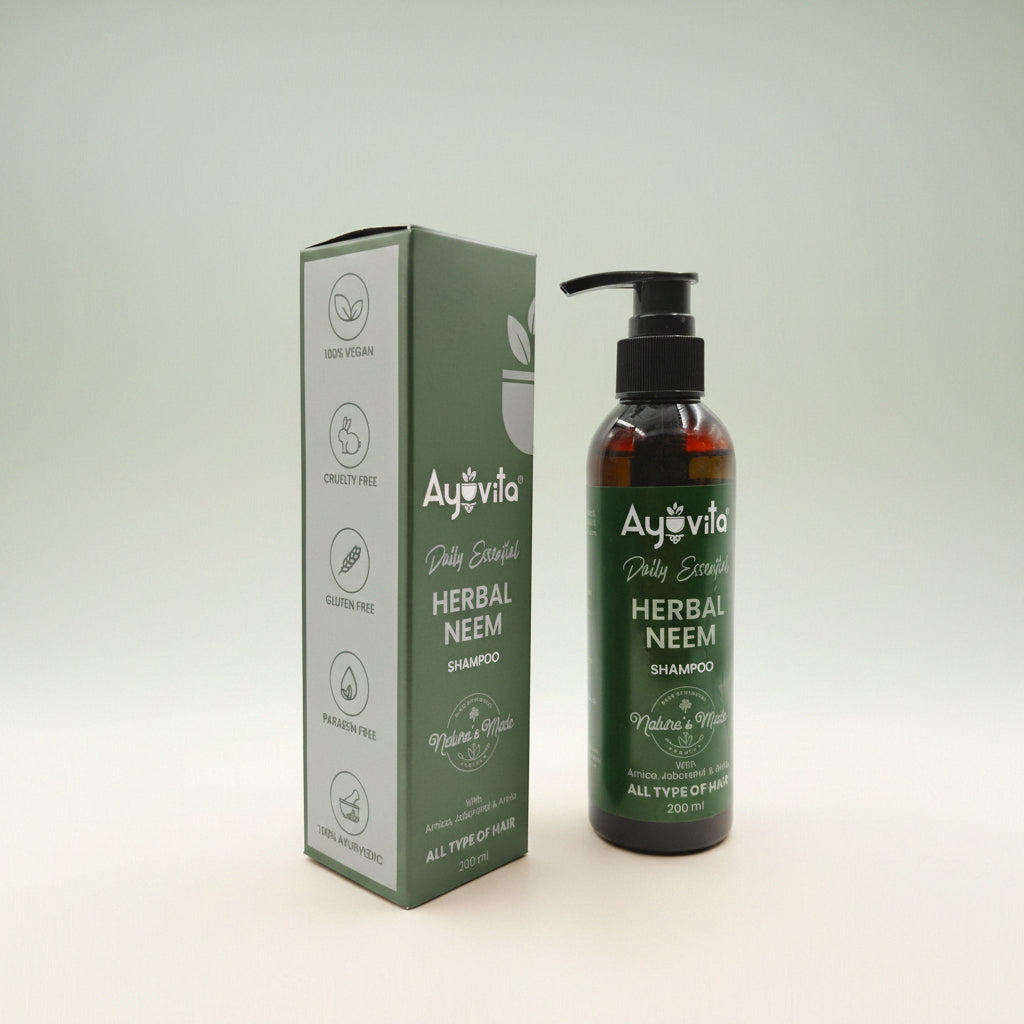 Ayovita Herbal Neem shampoo bottle and packaging on a white background