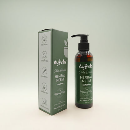 Ayovita Herbal Neem shampoo bottle and packaging on a white background