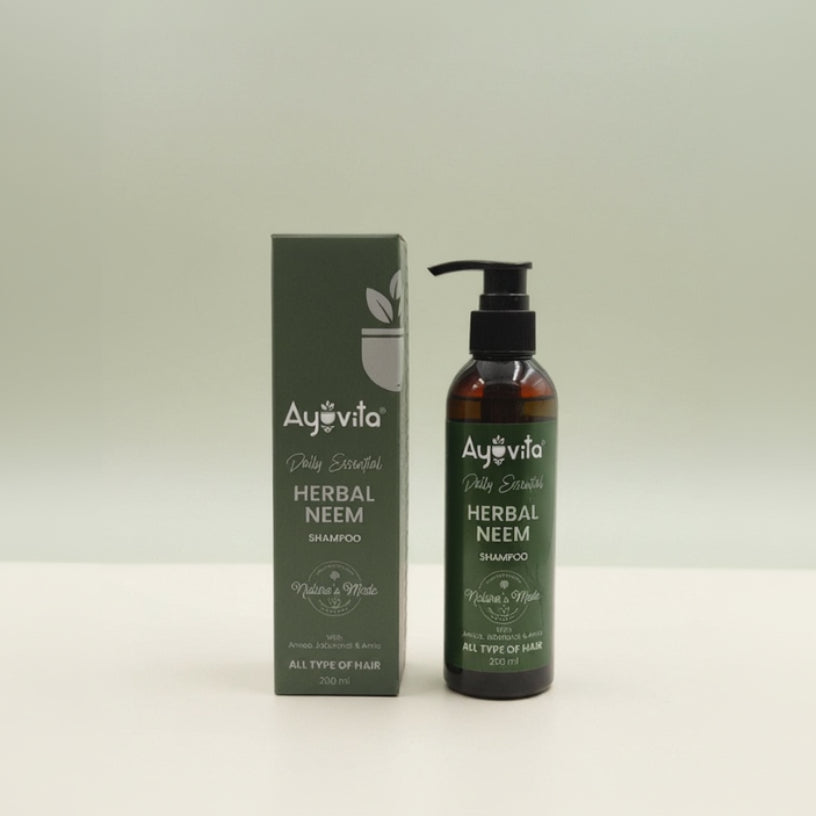 Ayovita Herbal Neem shampoo bottle and box on a white background