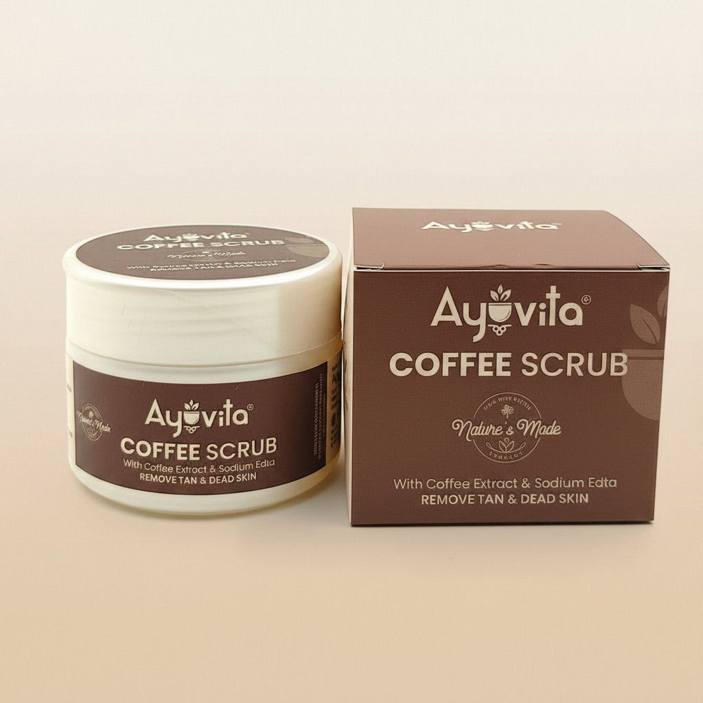 Ayovita Coffee Scrub jar and packaging on a white background
