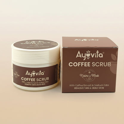 Ayovita Coffee Scrub jar and packaging on a white background