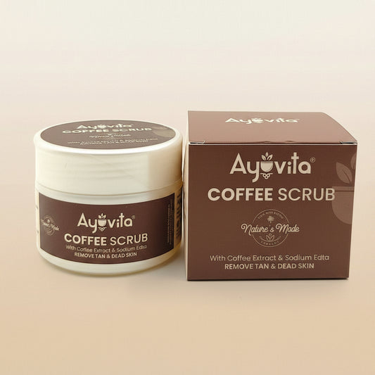 Ayovita Coffee Scrub jar and packaging on a white background