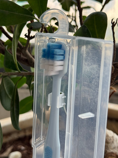 Clear plastic case with a blue-bristled toothbrush inside, against a blurred natural background.